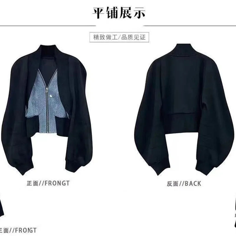 Design Sense Niche Black Denim Stitching Long-Sleeved Short Coat Women's Spring And Autumn Spice Girl Fake Two Cardigan Tops
