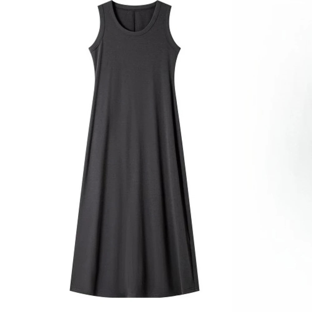 VIMLY Summer Tank Dresses 2025 Woman Simple Gray Cotton Blend Knitted Loose Sleeveless A Line Long Dress Women's Clothing M9852