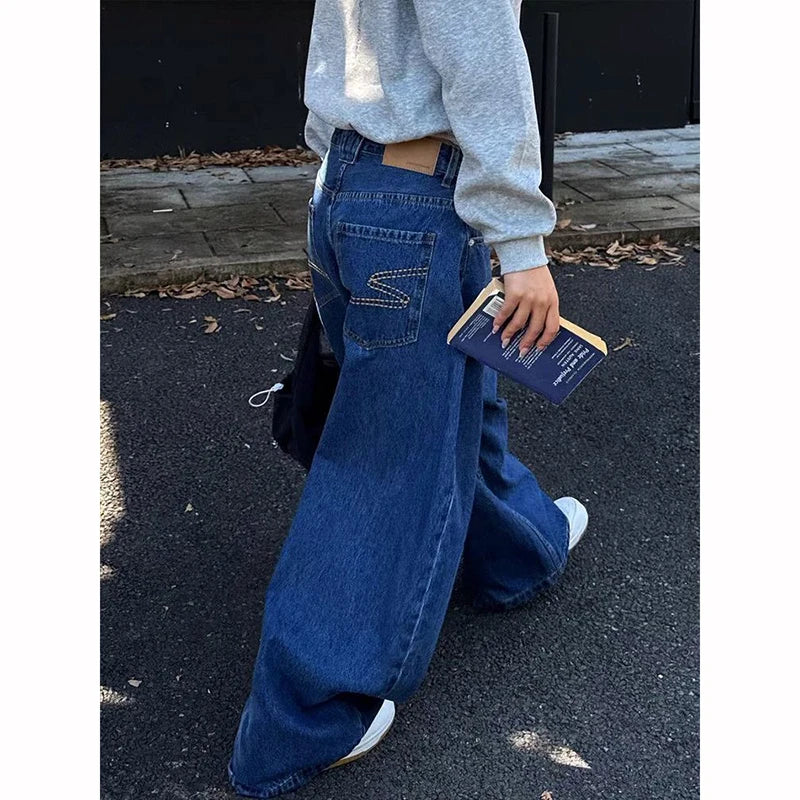 Women Blue Gothic Y2k Baggy Emo Jeans Harajuku Vintage Denim Trousers Aesthetic 2000s Style Oversize Boyfriend Jeans Pants 2025