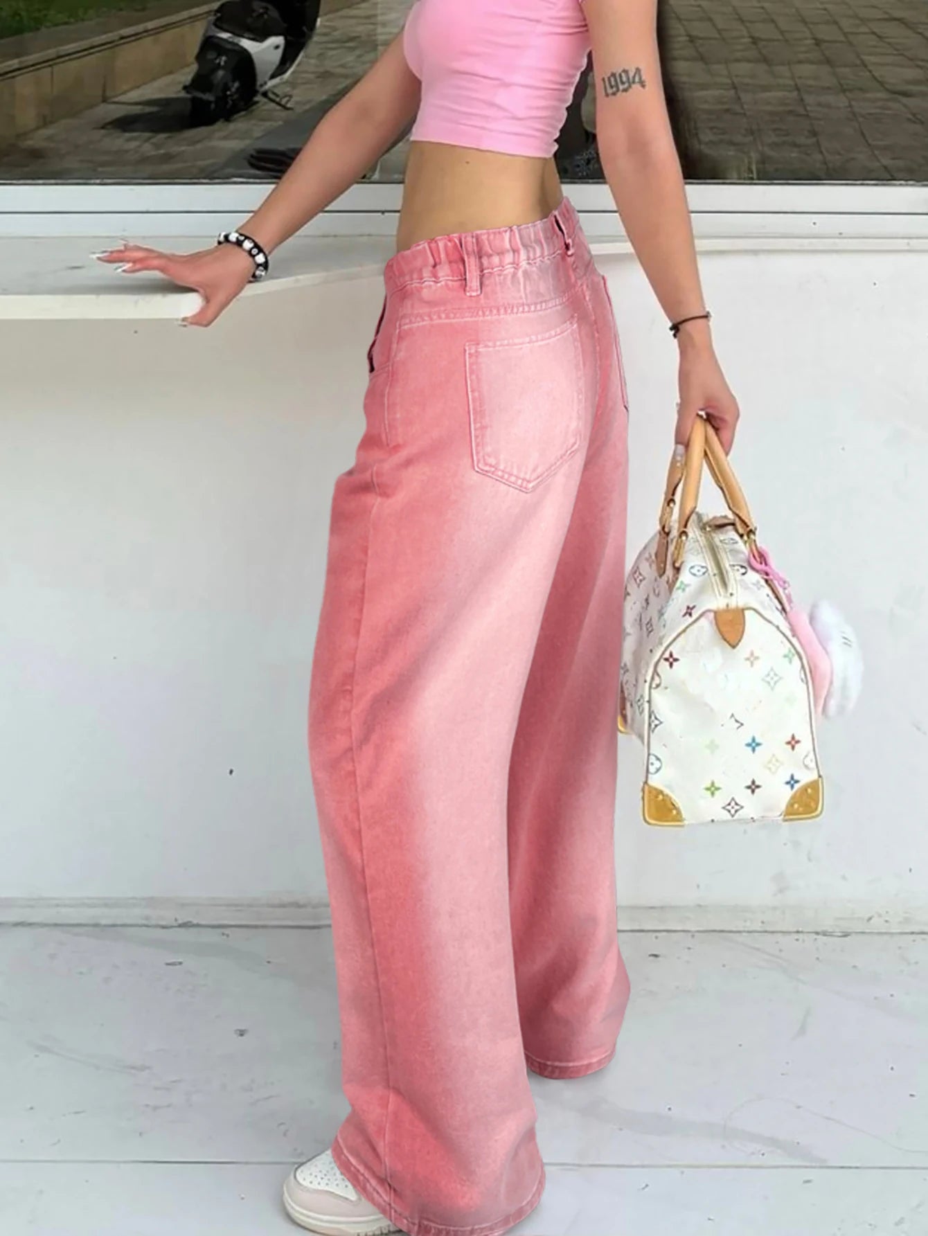 Street Pink Solid Gradient Washed Wide-Leg Jeans Mid-Rise Slant Pockets Suitable For Casual Everyday Streetwear All Season Match