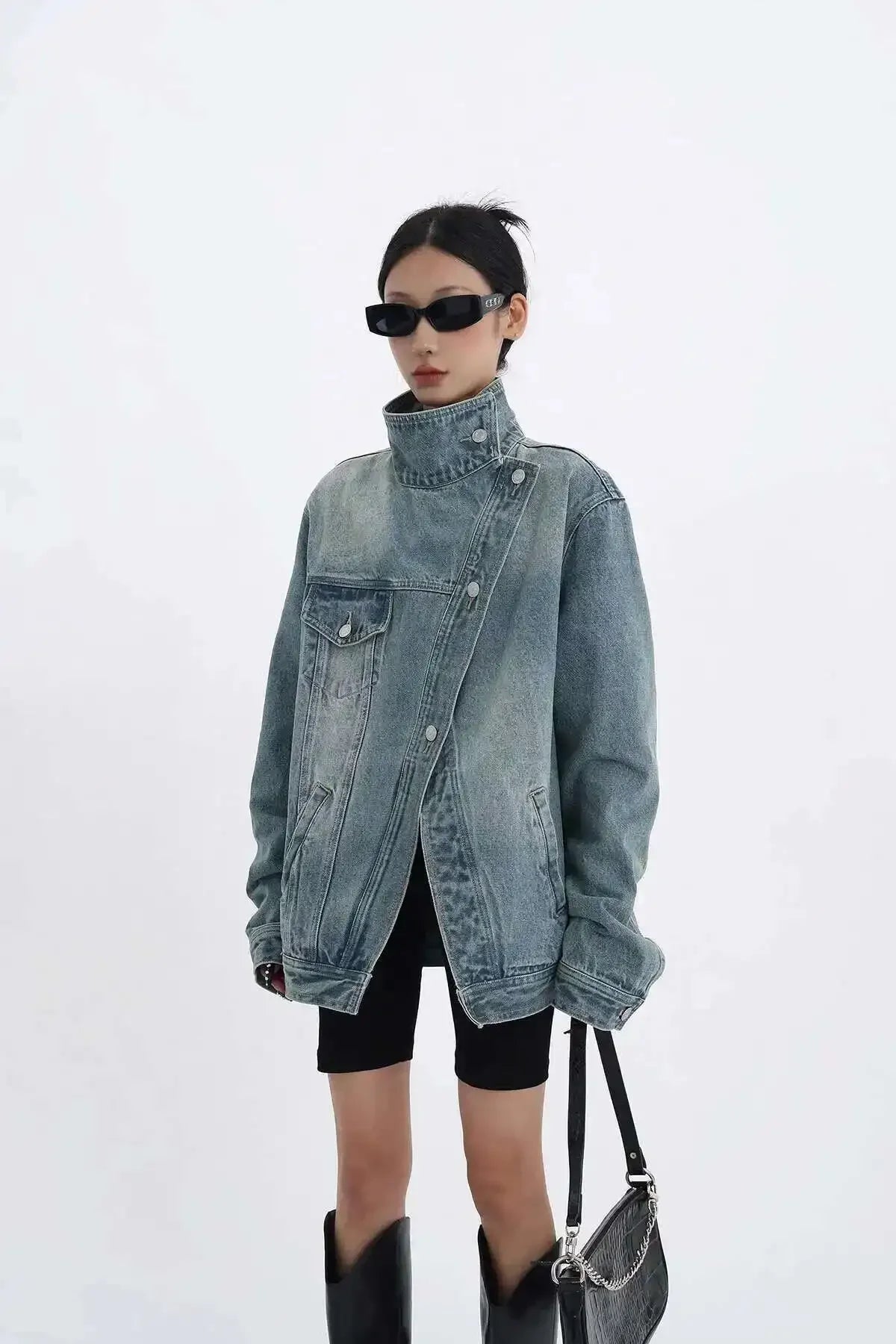 2025Fashion lapel denim jacket asymmetrical design women's denim coat loose casual streetwear outerwear female coat