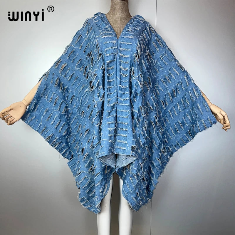 WINYI Original V neck denim sexy short dress with holes New Fashion Africa Womens party holiday Casual Maxi beach dress