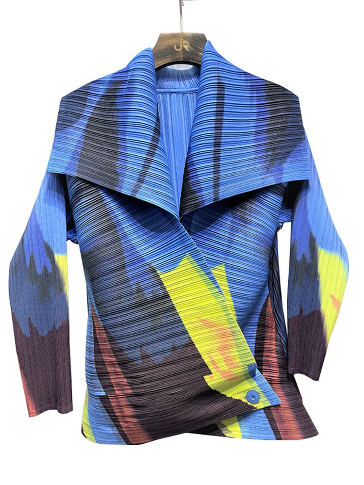 GVUW Pleated Color Block Jacket Coat Women's 2025 Autumn Lapel Long Sleeve Single Button Loose Female Fashion Top 17D1331