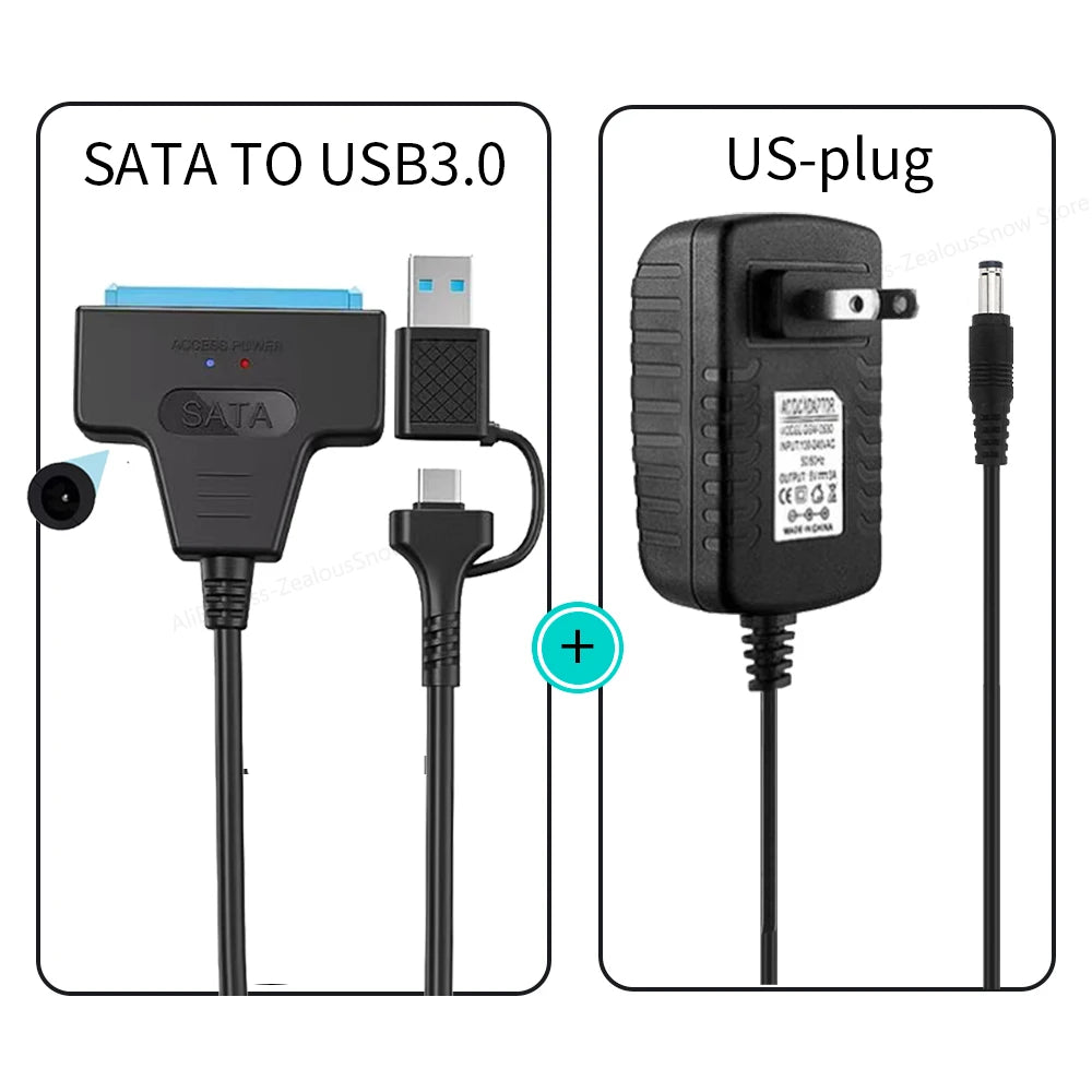 SATA To USB 3.0/Type-C Cable SATA III Hard Drive Adapter Up To 6 Gbps for 2.5 3.5 Inch HDD SSD Hard Drive Disk with 12V/2A Power