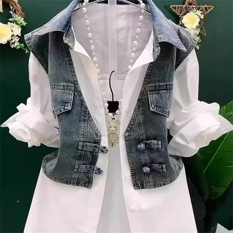 Cowboy Vest Patchwork Summer Shirt Fake Two-Piece Shirt Women's Cowboy VPolo Collar Denim Jacket Autumn Button Spring Shirt Lady