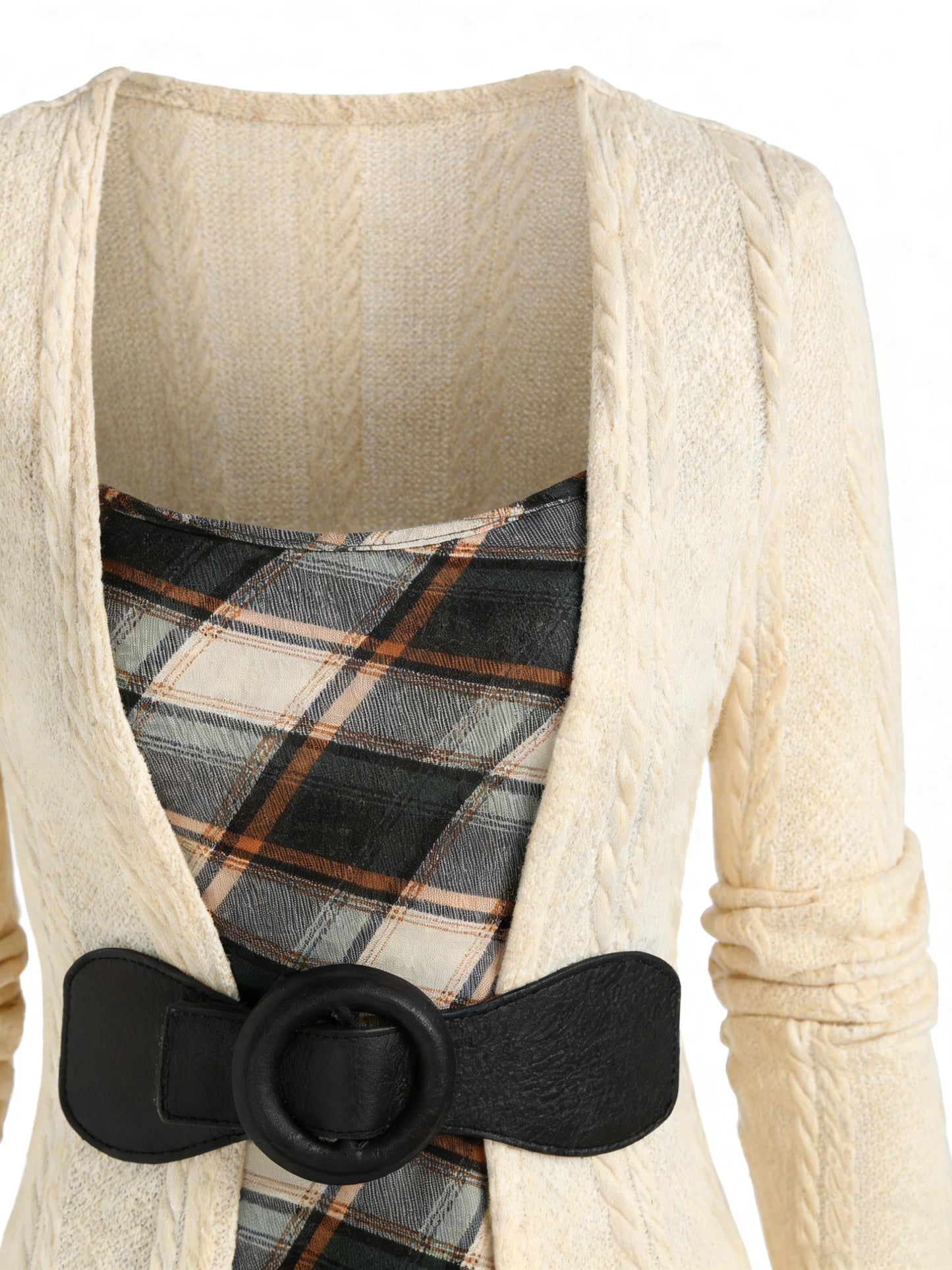 European and American fashion elegant temperament stitching buckle plaid printed knit dress women