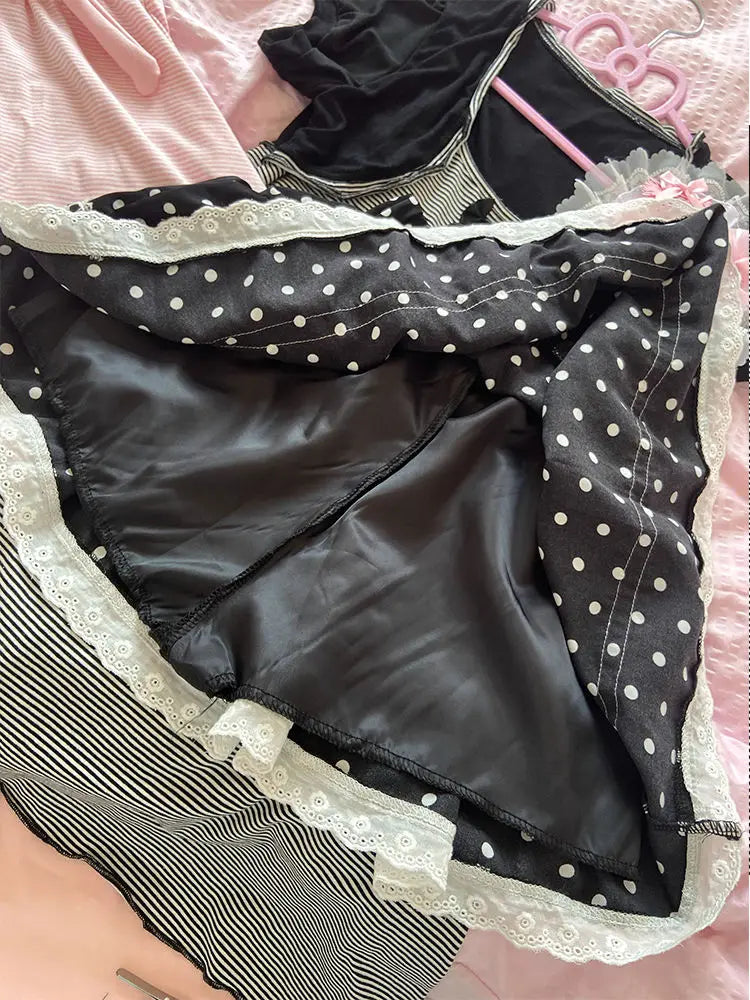 Japanese Vintage Sweet Black Polka Dot Skirt Women Cute Design Lace Kawaii Skirt Subculture Female Chic Spicy Girl Retro Outfits