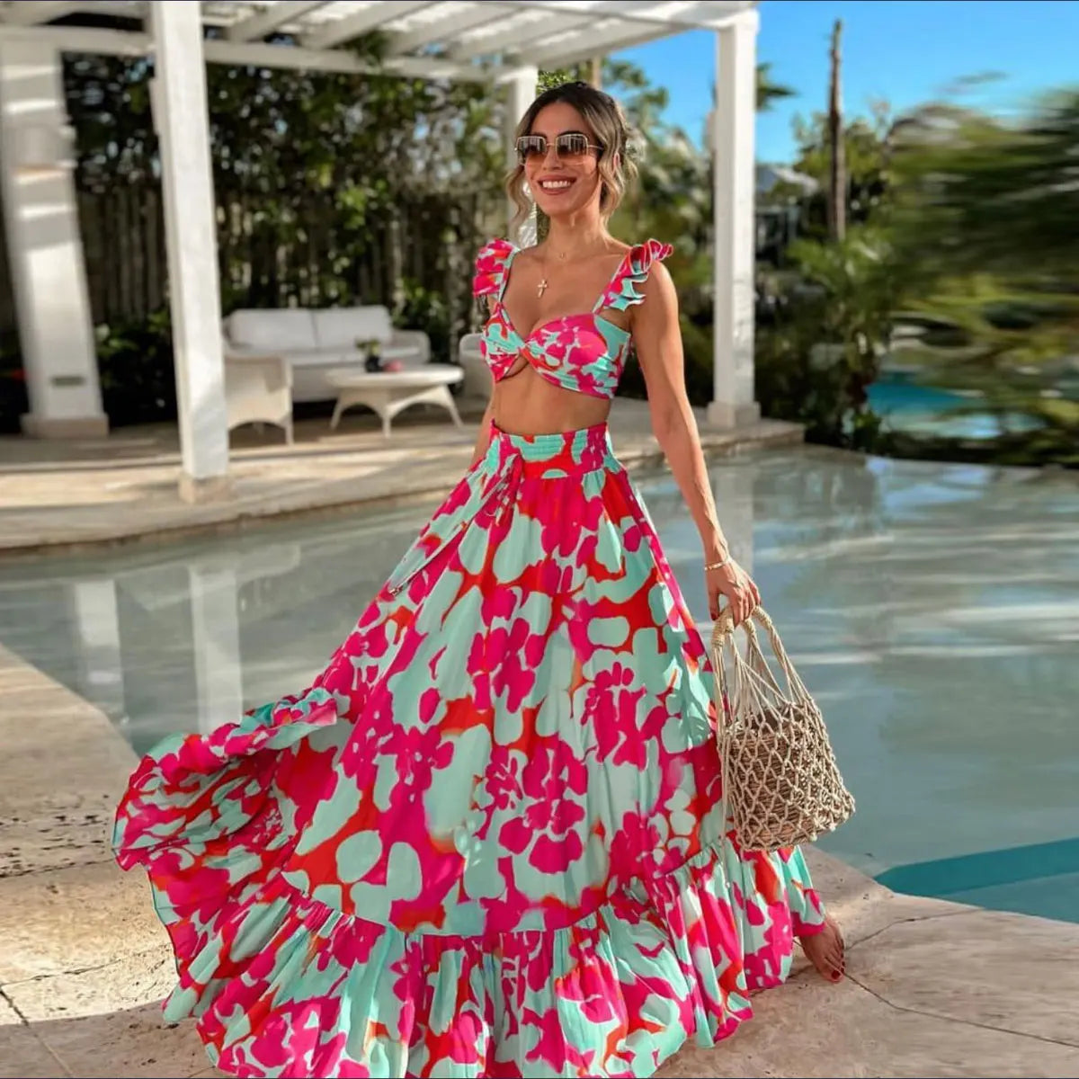 Print Ruffle Beach Cover Up Floral Hot Swimsuits 2025 Sexy Beach Outfits For Women Tunics for Beach Long Playa Bikini Cover Up