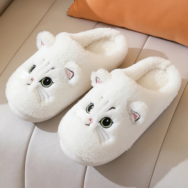 Winterwarme Hausschuhe für Damen, flauschig, mit Katzenmotiv, Cartoon-Fell, Plüsch, für drinnen, bequem, wärmend, flach, Flip-Flop