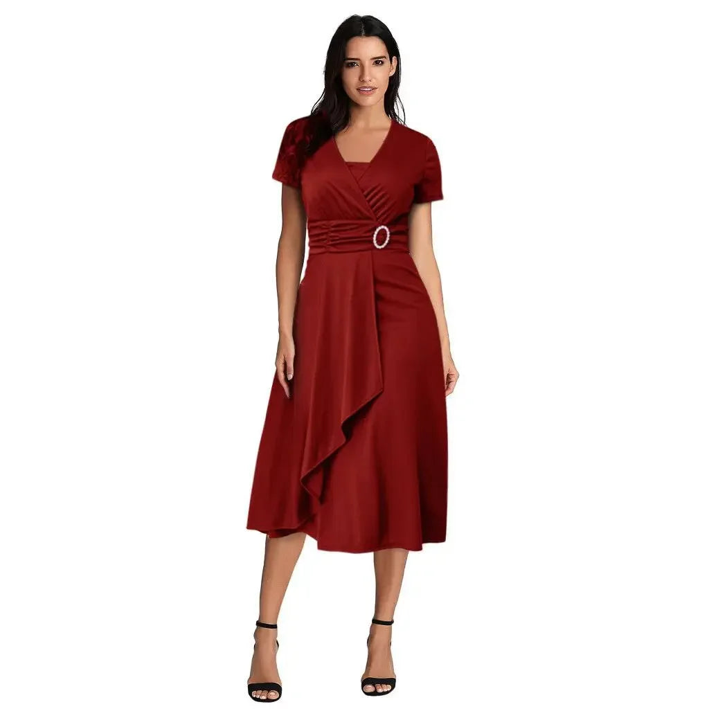 Elegant Women Solid Color Short Sleeve V Neck Asymmetric Hem Waist Tight Midi Party Dress Ladies Evening Vestidos