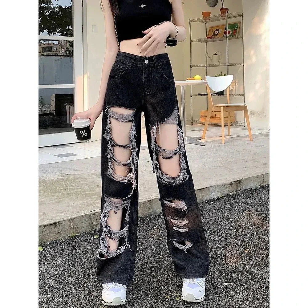 New Broken Hole Jeans All-Match Distressed Women High Street Hip Hop High Waist Straight Loose Trousers Y2k Washed Mopping Pants
