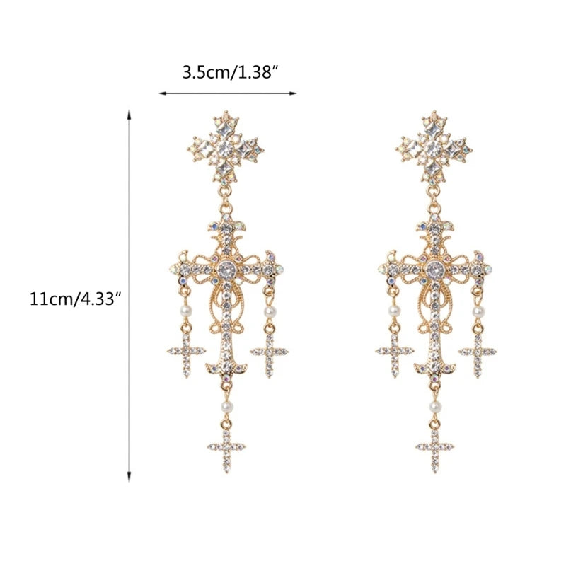 Korean Novel Trend Luxury Palace Style Silver Gold Crystal Pearl Crossed Dangle Earrings for Women Elegant Party Jewelry