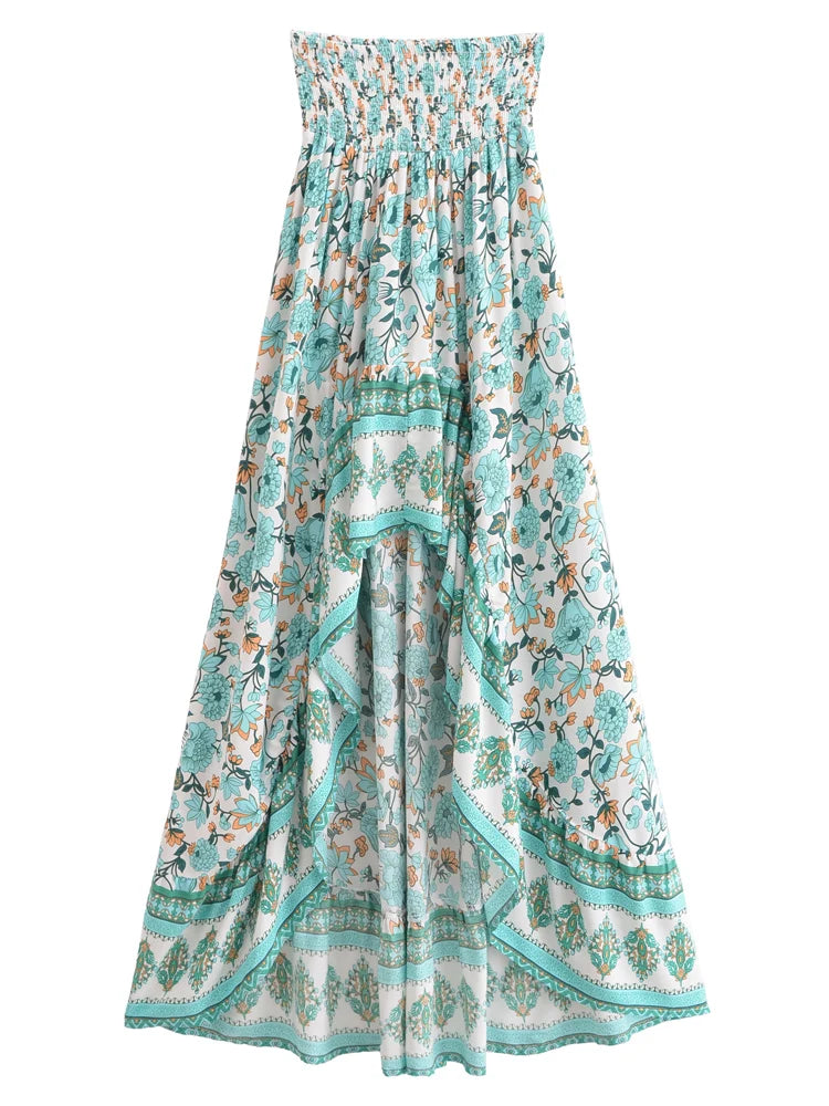 Vintage Chic Fashion Women Floral Print High Low Beach Bohemian Skirt Elastic Waist Irregular Sexy Maxi Boho Skirts Femme