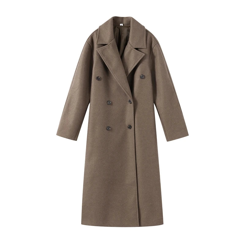 High Street Women Woolen Coat Solid Loose Turn-down Collar Double Breasted Long Sleeve Jackets Autumn Winter All-match Jacket