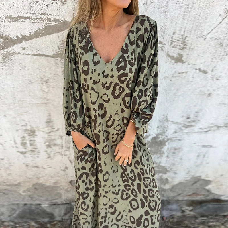 Vintage Leopard Print Loose Long Dresses Women 2025 Spring Elegant V Neck Pocket Maxi Dress Autumn 3/4 Sleeve Boho Holiday Dress