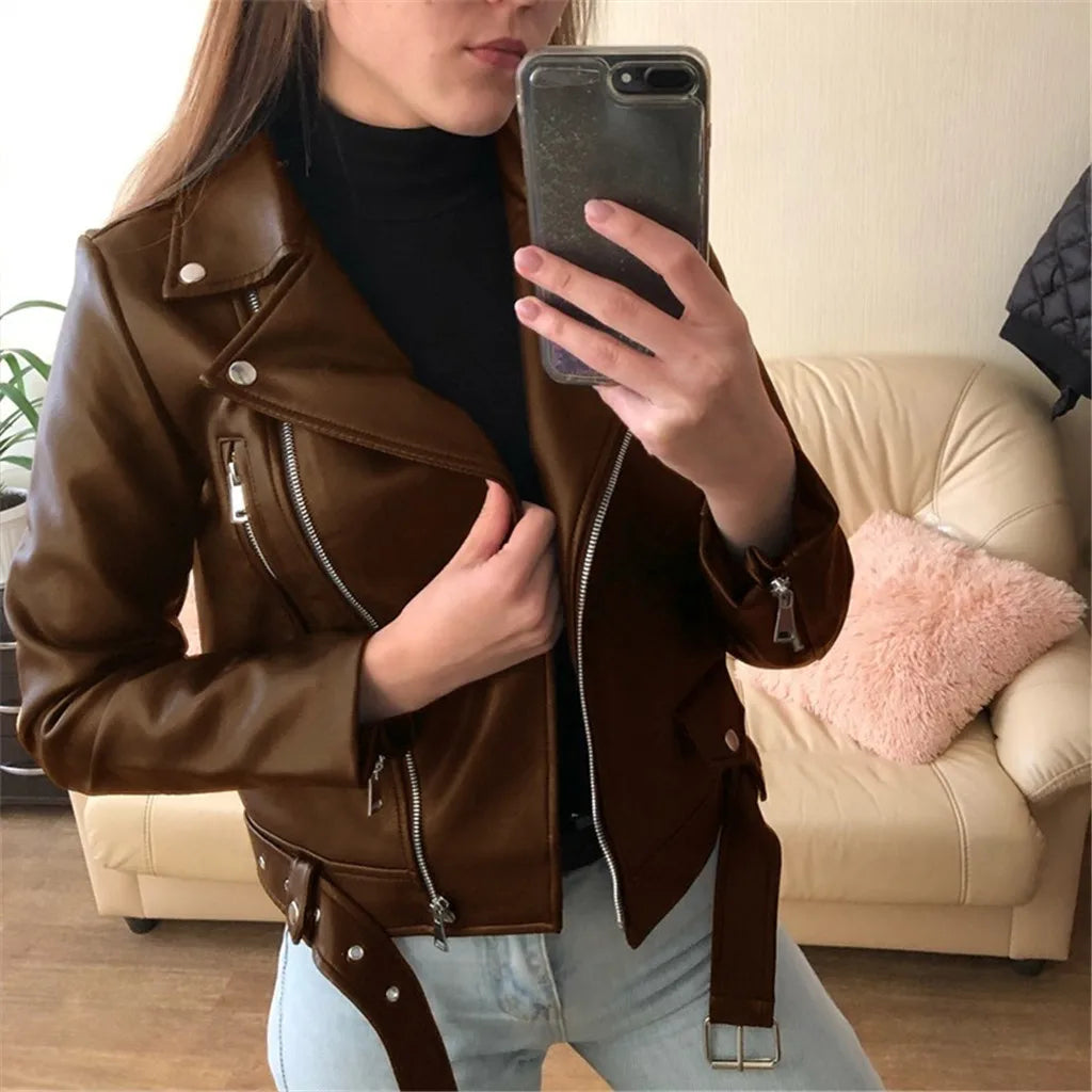 Women Vintage Faux Leather Bomber Jacket Slim Fit Long Sleeve Zipper Windbreaker Motorcycle Leather Jackets Casual Outwears