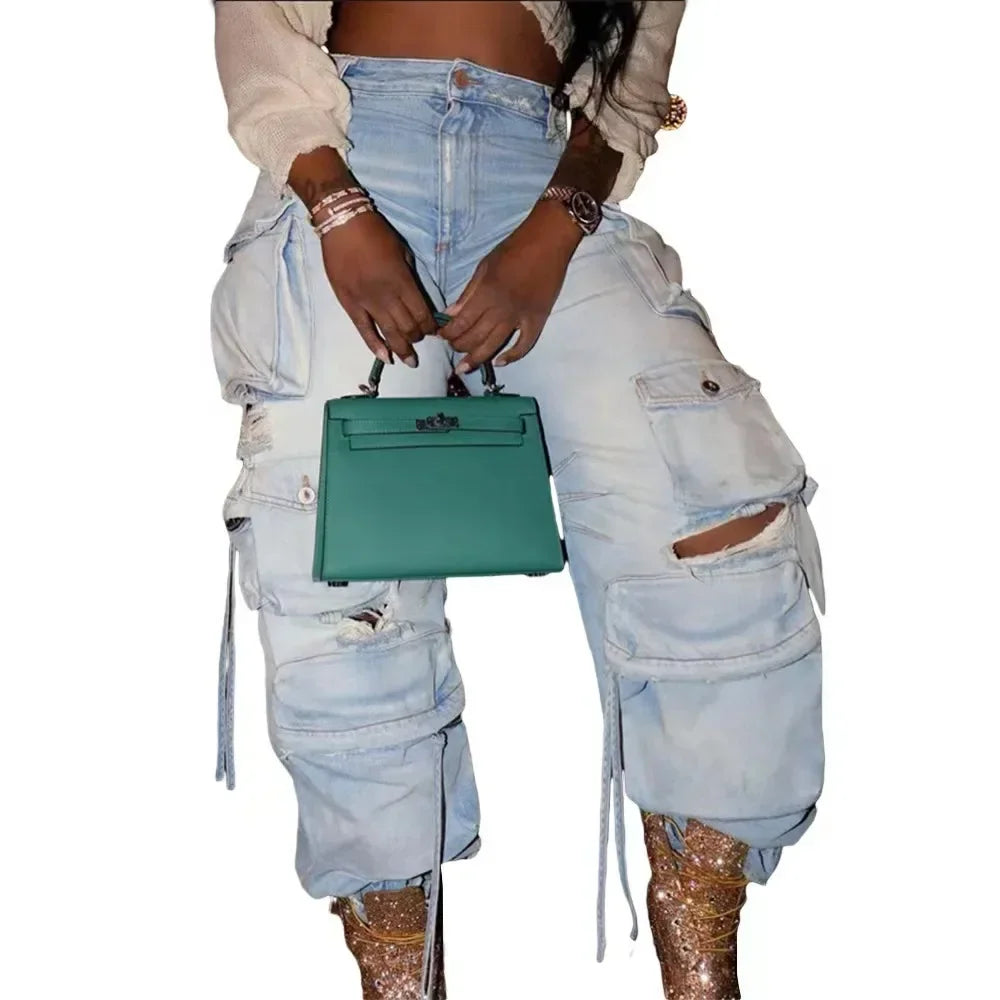 Washed Cargo Pants Women Hole Distressed Jeans Vintage Pockets Mid Waist Trousers 2024 Autumn Female Casual Denims Streetwear