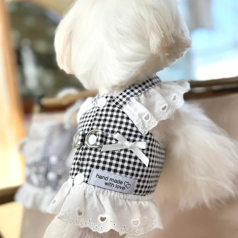 Pet Dog Clothes Lace Skirt Pastoral Style Black Plaid Harness Puppy Dresses Universal Harness Tractionable Retro Princess Dress