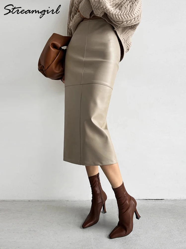 Beige Leather Skirts Midi Women Office Autumn Winter Straight PU Bodycon Skirts Ladies High Waist Slit Leather Skirts For Women