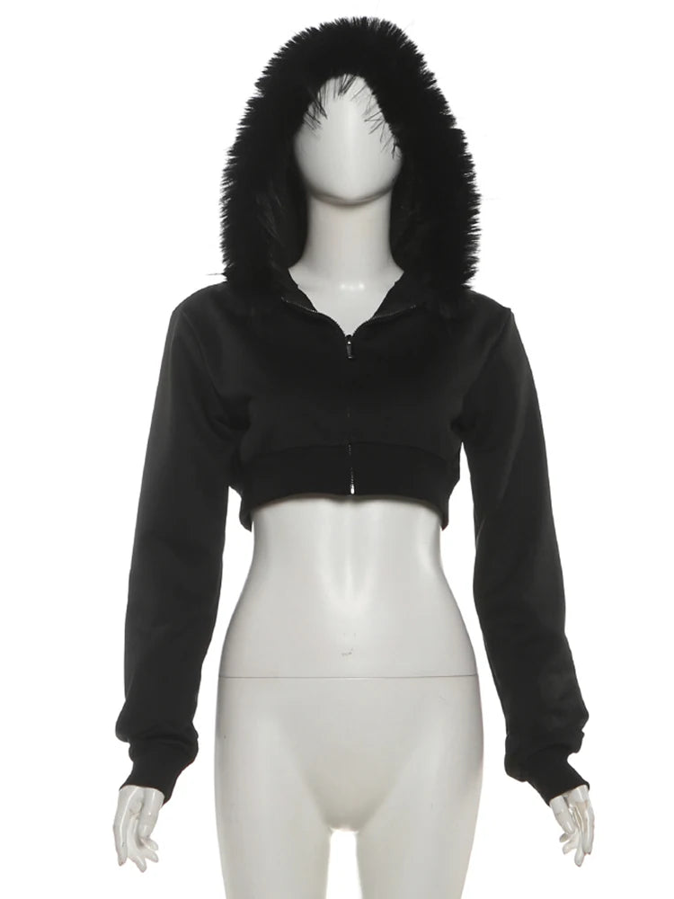 Weird Puss Furry Patchwork Jacket Women Hooded Autumn Trend Zip Super Short Full Sleeve Simple Wild Gothic Punk Street Club Coat