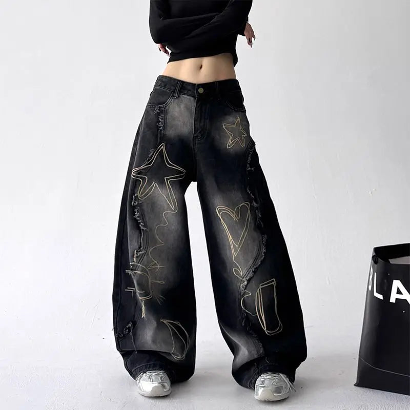 American Washing Embroidery Pattern Printing Machete Jeans Women Y2K New Street Hiphop Handsome Casual Joker Wide-leg Pants