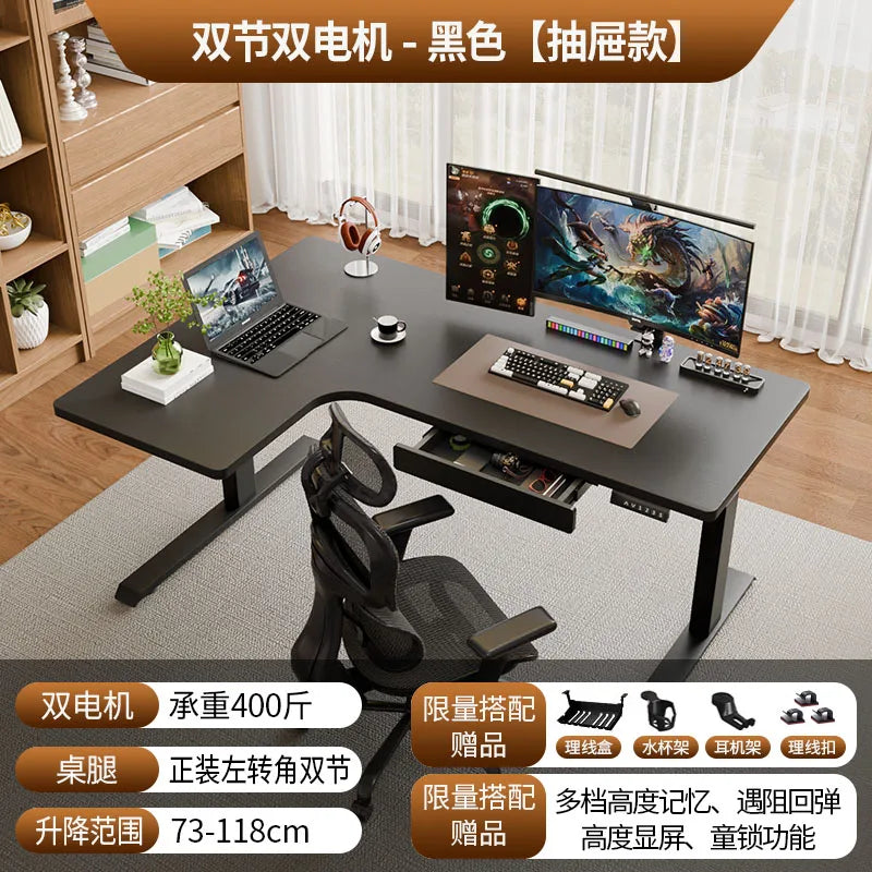 Computer Desk,Solid Wood L-shaped Corner Electric Lifting Table, Removable Home E-sports Office Computer Standing Desk