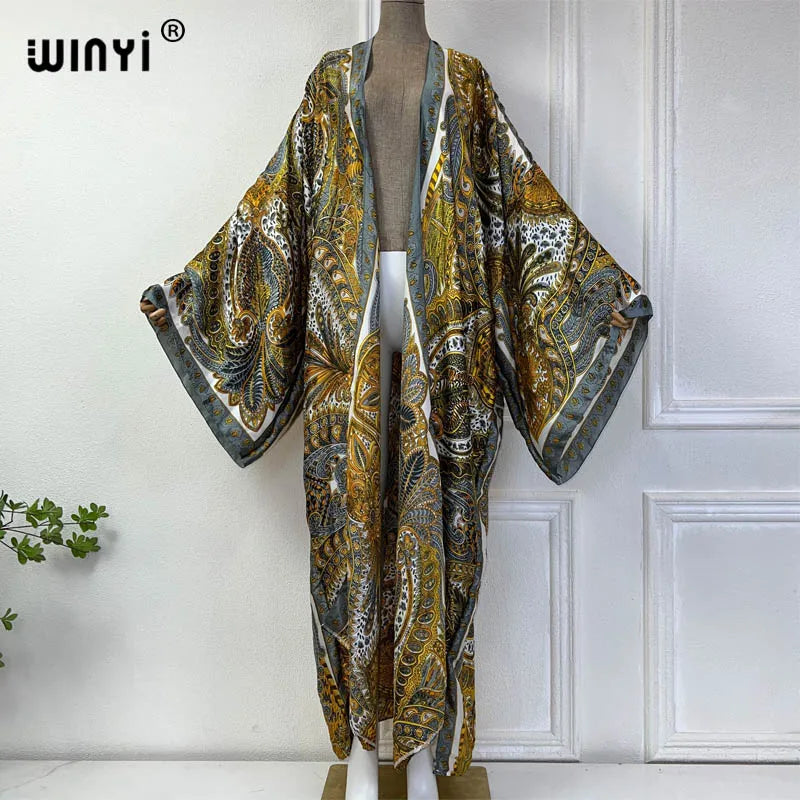 WINYI Classic bohemian beach cover up Swim Suit elegant African women boho Cardigan sexy Holiday long Sleeve Kimono beach dress