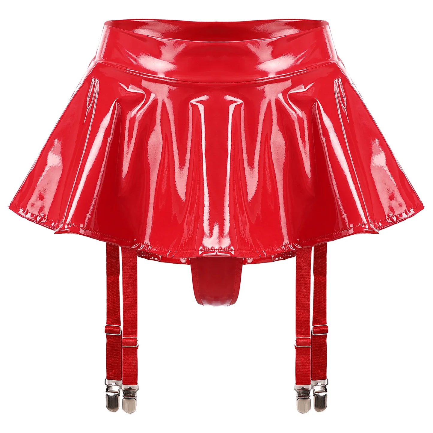Womens Glossy Patent Leather Ruffle Mini Skirt Built-in Thongs Garter Belts Metal Clips Shorts Miniskirt Pole Dance Clubwear