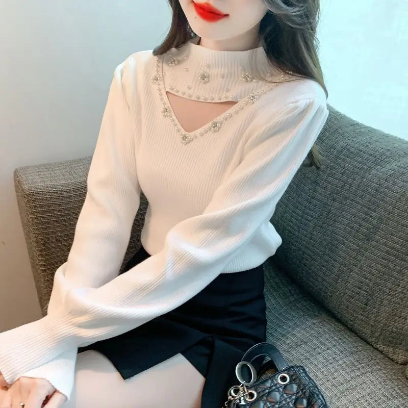 Autumn Winter Fashion Embroidered Flares Solid Color Half Height Collar Pullovers Ladies Fashionable Hollow Out Knitting Sweater