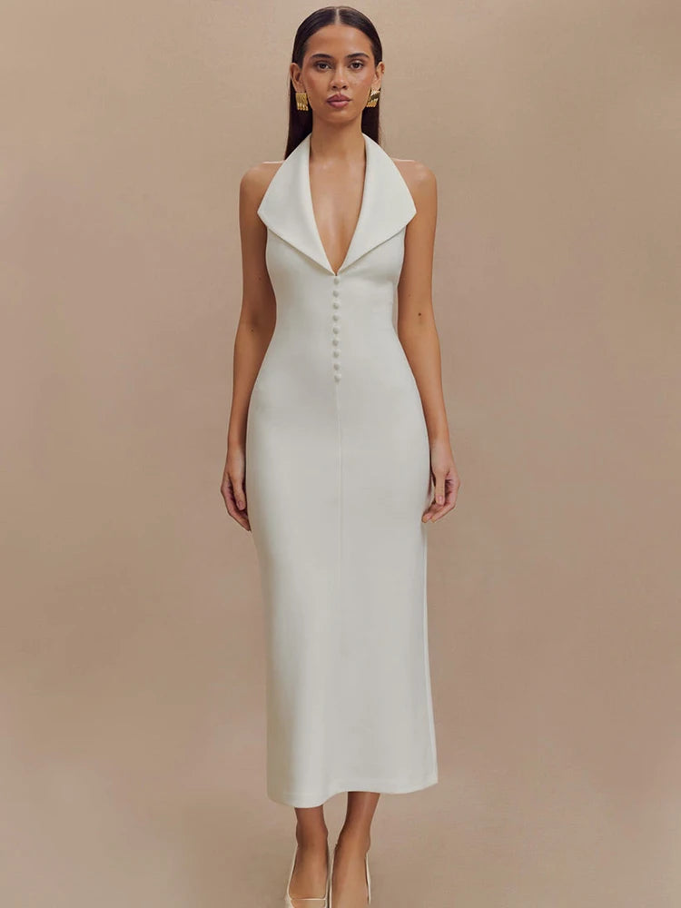TARUXY Halter V Neck Backless Split Dress Women's Fashion Bodycon Sleeveless Sexy Long Dress Autumn New Slinky Waist Vest Dress
