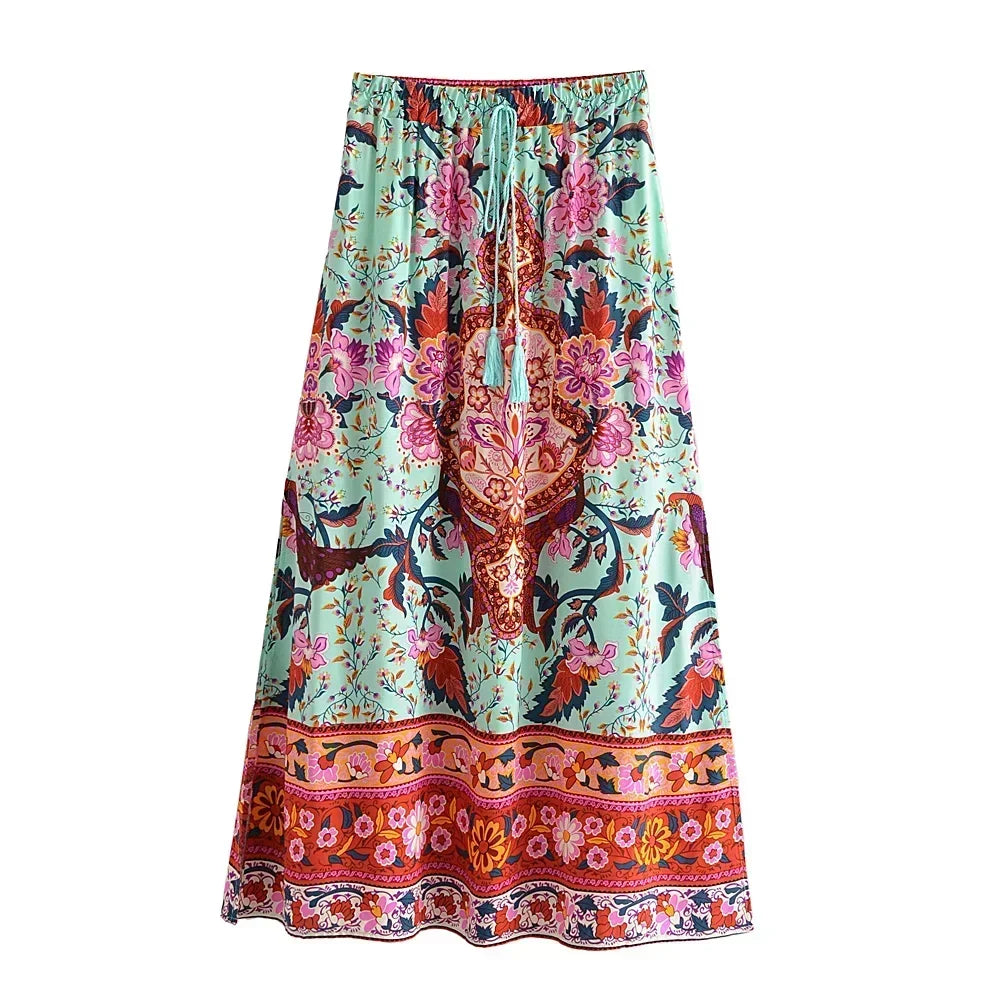 Boho Queens Peacock Women Vintage Floral Printed Tassel Beach Bohemian Maxi Skirts Ladies Elastic Waist Rayon Long Skirt