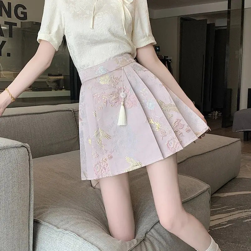 New Chinese Style Jacquard Embroidered Pleated Skirt for Women 2025SS High Waist Slim Anti-exposure A-line Girl Short Half Dress