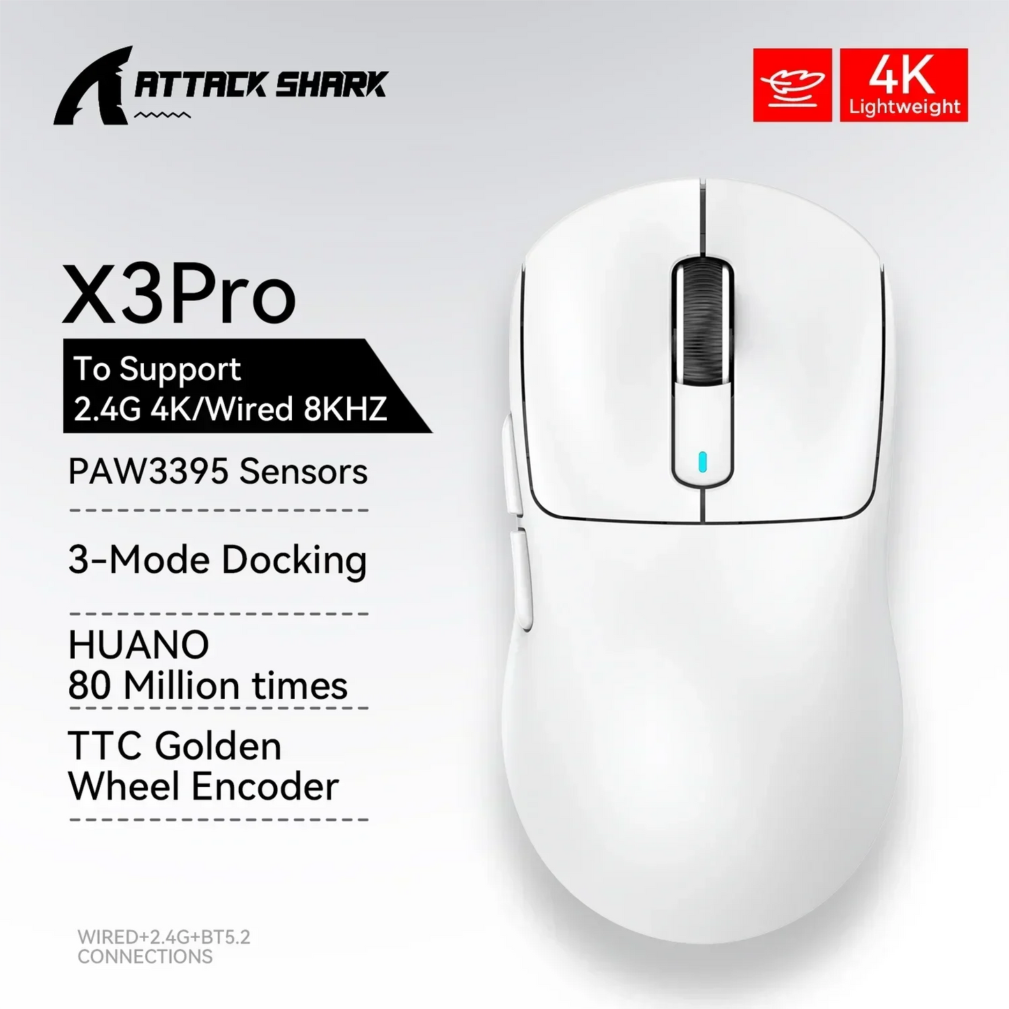 Attack Shark X3Pro Wireless Gaming Mouse PixArt PAW3395 26000dpi Bluetooth Optical Mouse Tri-Mode Connection Macro Gaming Mouse