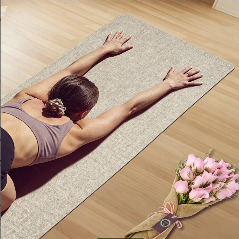 Organic Linen 5mm Natural Rubber Yoga Mat, Eco-Friendly Non-Slip, Shock Absorbing Quiet Workout Mat with Carry Strap