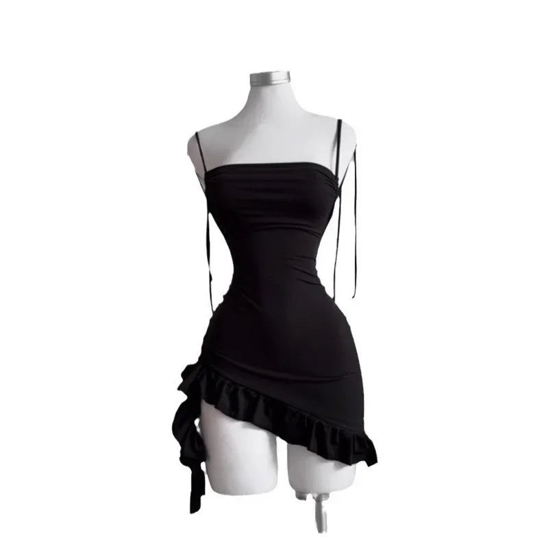 Sleeveless Backless Ruffles Mini Dress Women Summer Y2K Lace Up Black Bodycon Dresses Party Club Streetwear 2025 New Sundress