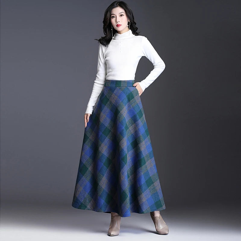 Plus Size 3XL Women Plaid Skirt Thick Warm Elegant Tall Waist Long Skirt 2021 Winter Casual Woolen Long Plaid Skirt Female Skirt