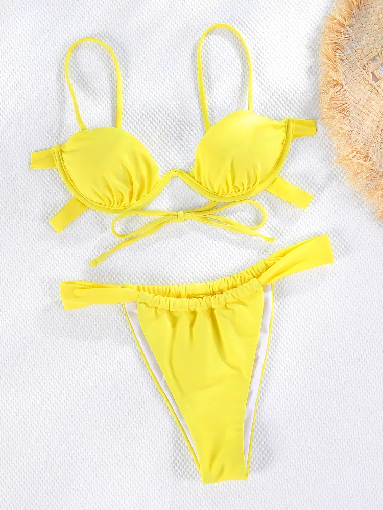 Miyouj Bandage Swimsuit 2024 Sexy Swimwear Women Solid Color Bikini Sets String Swimsuits Brazilian Beachwear Push Up Biquinis
