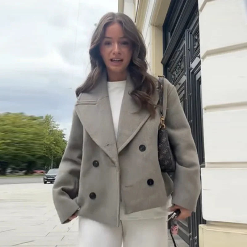 Casual Short Woolen Blends Coats Women Loose Lapel Bouble Breasted Pocket Full Sleeve Jacket 2025 Autumn Winter Lady Solid Coat