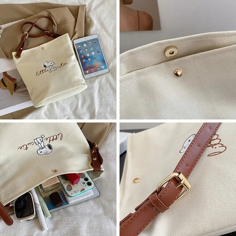 2026 New Women's Snoopy Canvas Bucket Bag Embroidered "Little Cute" Cartoon Shoulder Bag Leather Strap Casual Daily Handbag