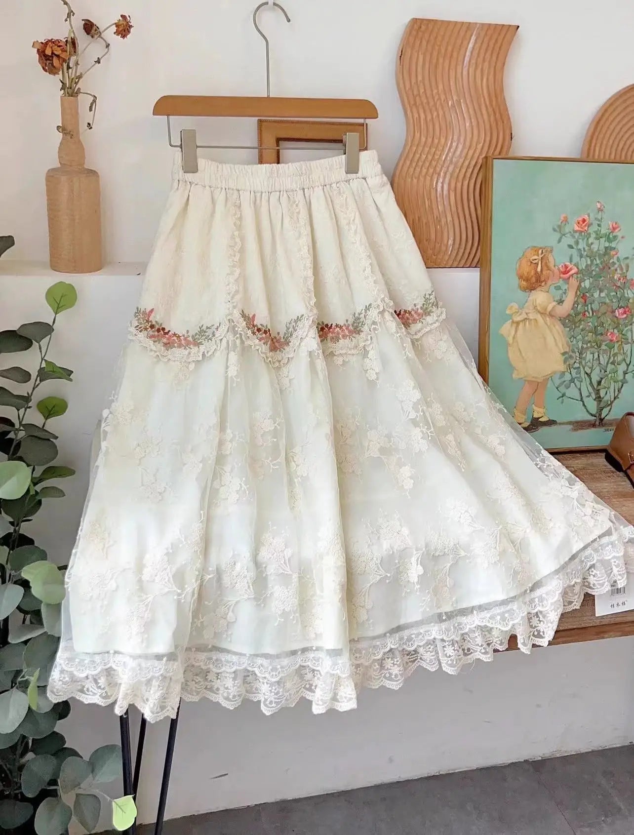 Mori kei clothing Japanese style sweet lace embroidery long skirts for women autumn summer white lace patchwork skirt lolita