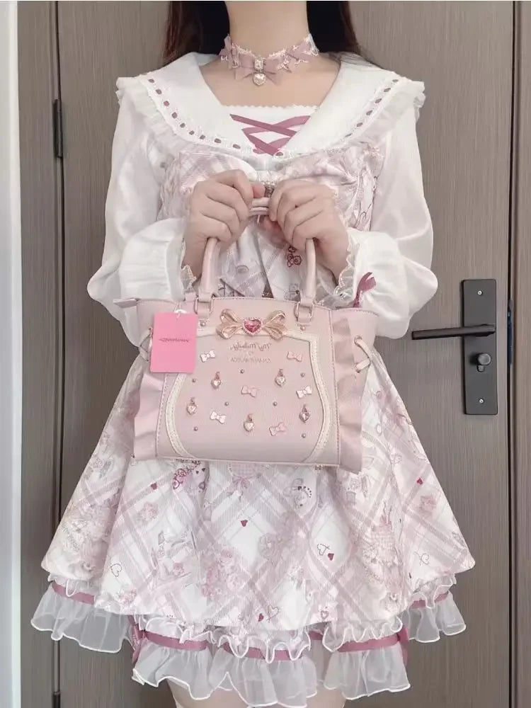 2024 Japanese Style Lolita Princess Dress Women Party Y2k Bandage Blue Cosplay Costumes Puff Sleeve Ribbon Bowknot Mini Dress