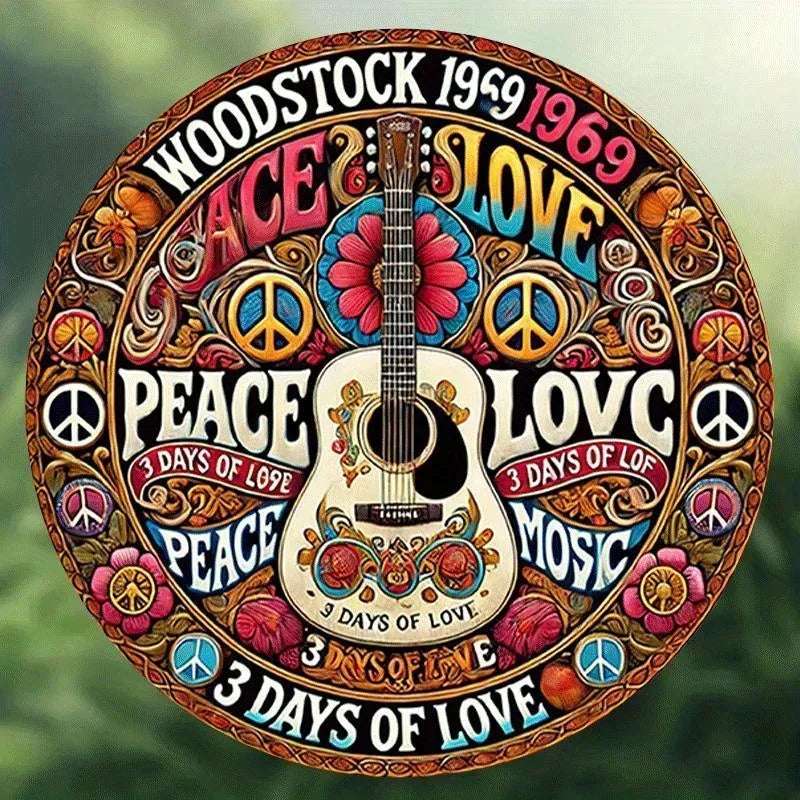 Home Decor,Retro Peace and Love Design with Guitar and Flowers, Home Decor - New Year's, Valentine'S Day, Music Decor