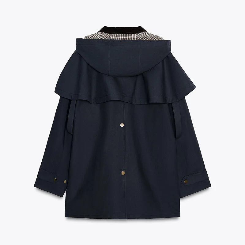 Fashion Casual Cloak Short jacket For Women Navy blue Design Sense Style Detachable Hat Coat 2025 New Lady Autumn Streetwear