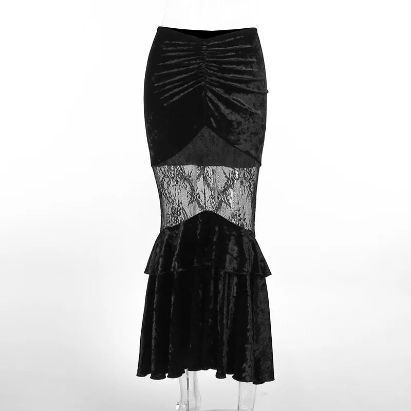 Goth Dark Ruched Vintage Gothic Aesthetic Velvet Skirts Grunge Mesh Splice Sexy Mermaid Skirt Women High Waist Elegant Partywear