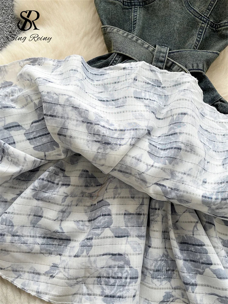 SINGREINY Streetwear Demin Strap Dress Sleeveless With Belt Design Sundress 2025 Summer Floral Splice Ladies Ball Gown Dress