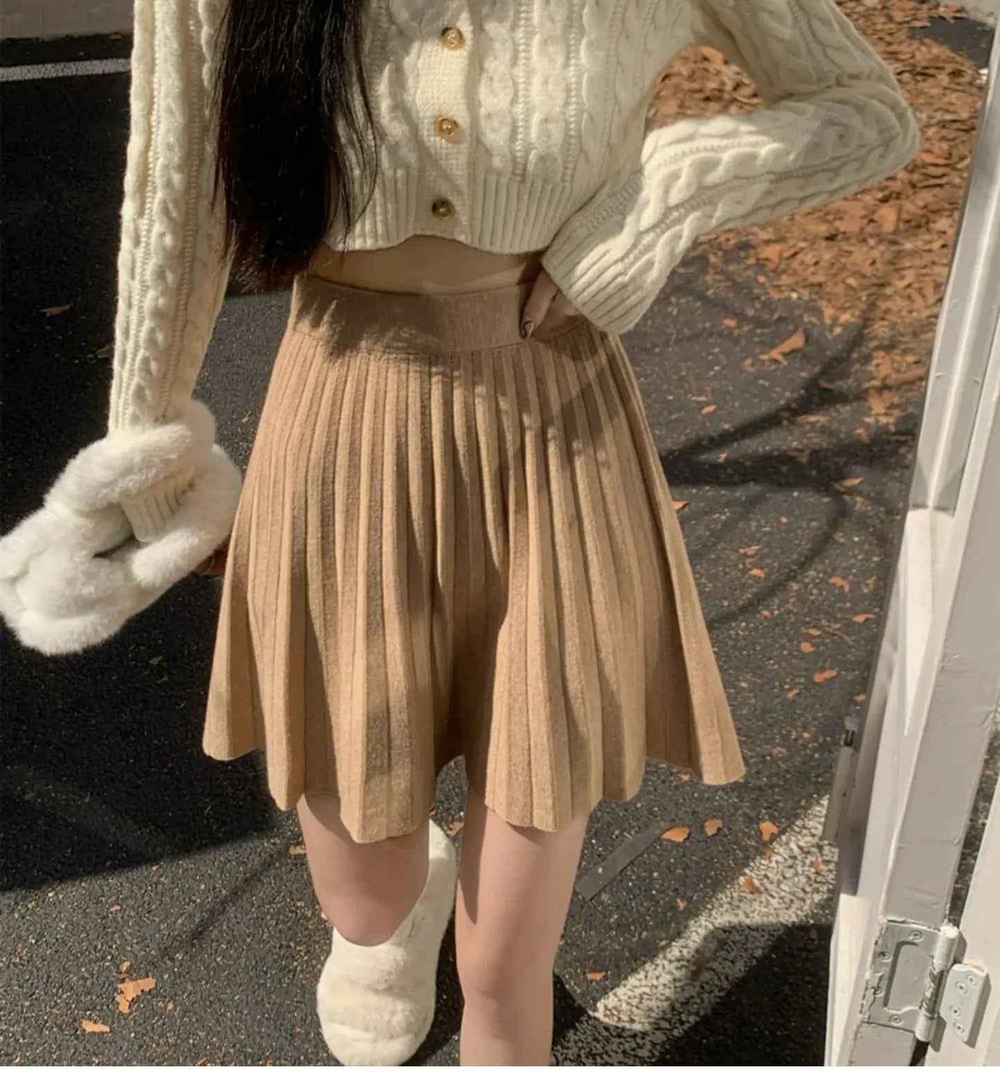 Women's Autumn Elegant A-Line Knitted Mini Skirt High Waist Pleated Skirt Femme Faldas Jupe Saia
