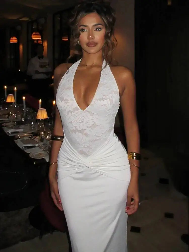 Mozision Lace Halter Backless Sexy Maxi Dress Women Elegant Deep V Neck Sleeveless High Waist Ruched Club Party Long Dresses