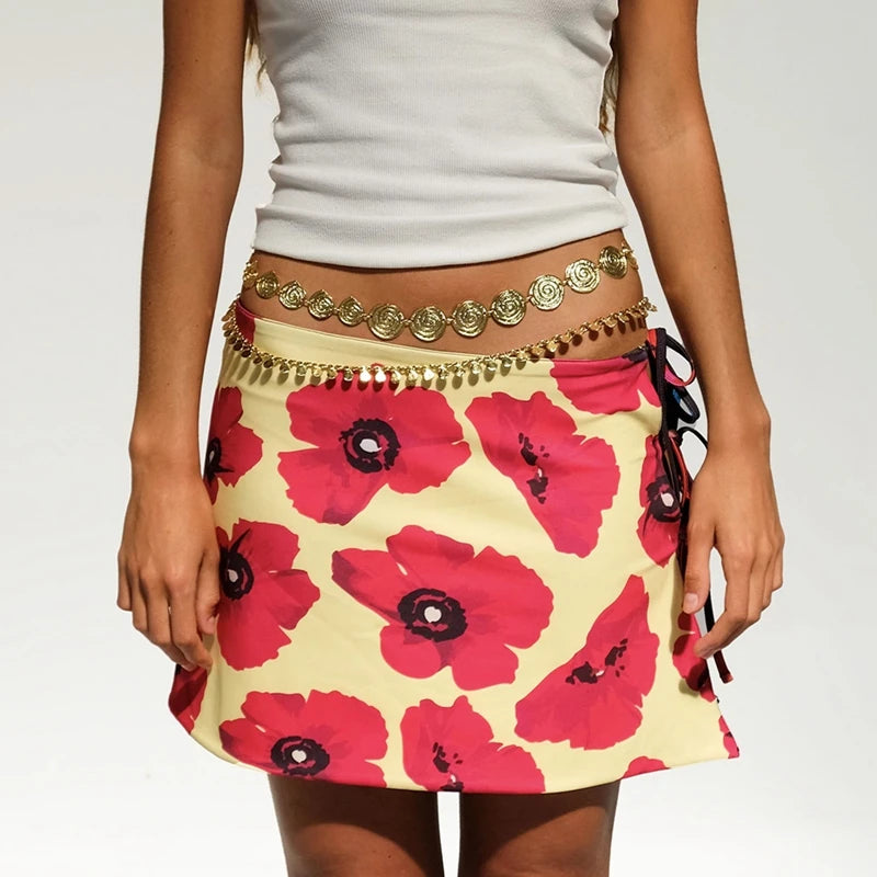 Multi-wear style Floral Print Mini Skirt Crop Tops Women Slim Low Waist Side Split Tie-Up Bodycon Skirt Y2K Vintage Streetwear