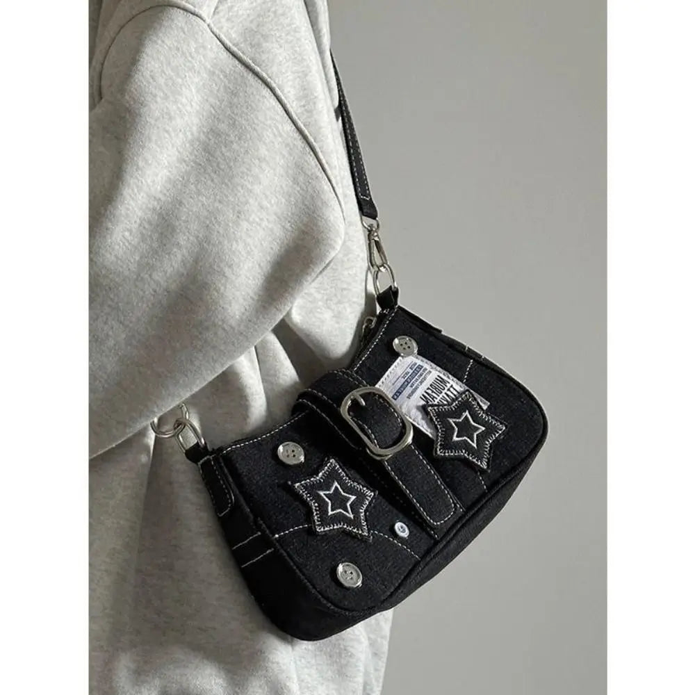 Fashion Women's Handbags Denim Stars Pattern Cool Girls Y2K Underarm Bag Canvas Female Small Shoulder Bags Chain Tote Bag