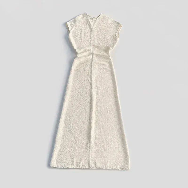 Women's Minimalist Mid-Calf Dress Round Neck Summer Ladies Zipper Draping Pleated Elegant Robe